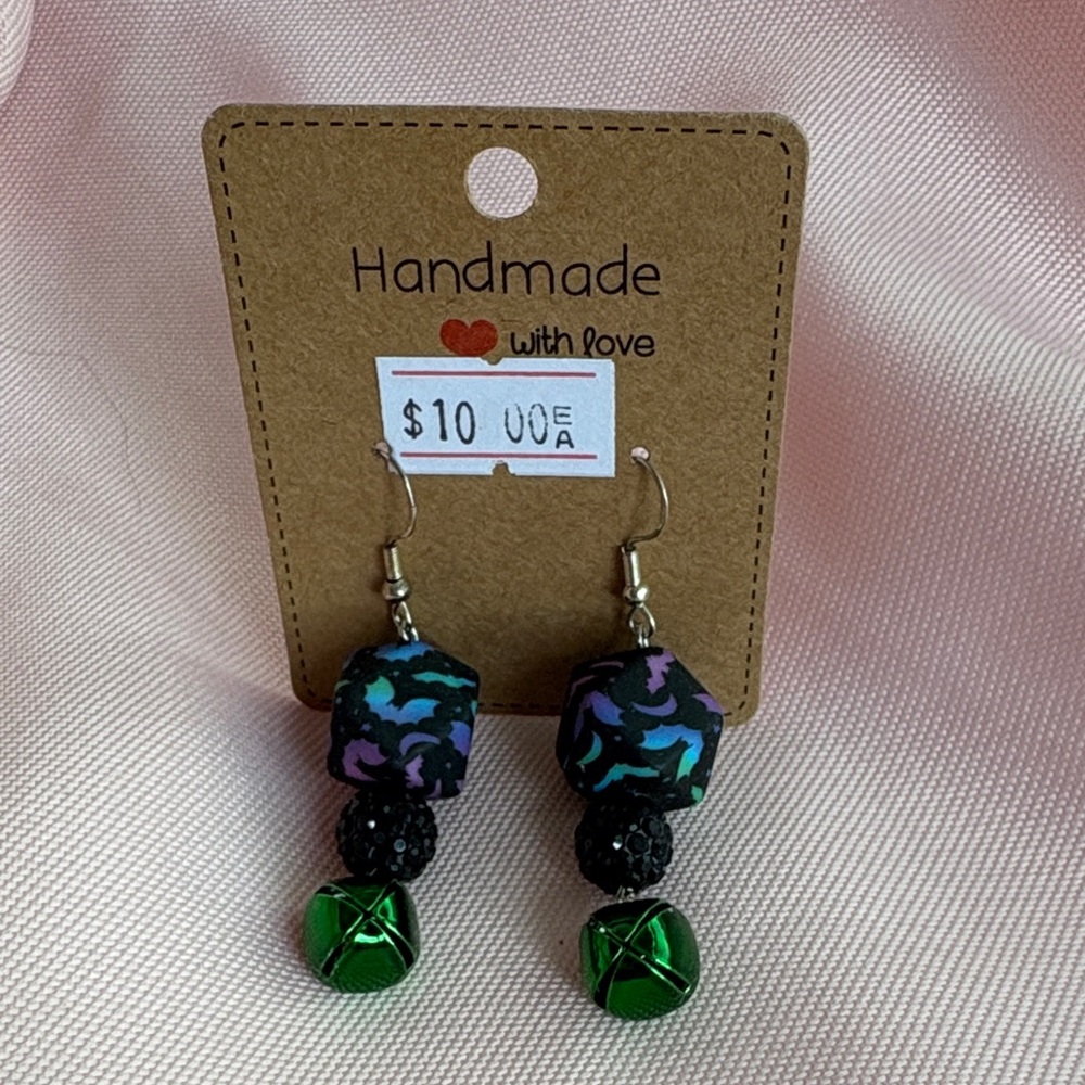 🟢 Handmade Glow In The Dark Bat Rhinestone Bell Dangle Earrings
